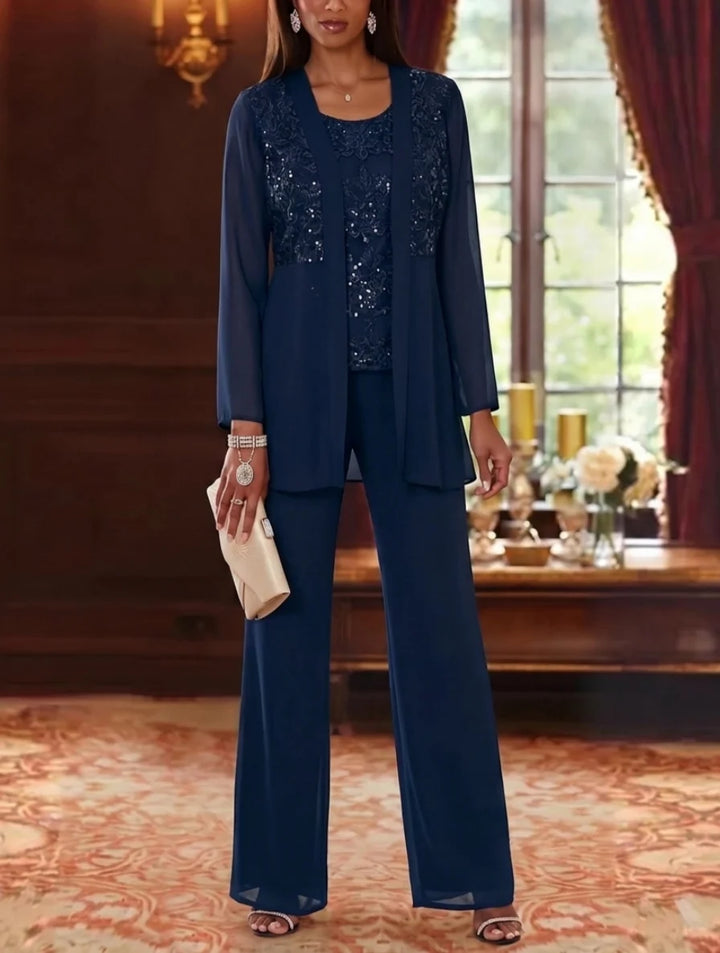 3 Pieces Scoop Chiffon Sequins Mother of the Bride Pantsuits with Jacket Long Sleeves Ankle-Length Floral