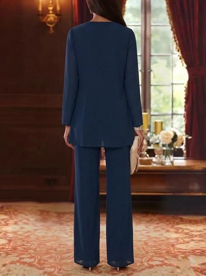 3 Pieces Scoop Chiffon Sequins Mother of the Bride Pantsuits with Jacket Long Sleeves Ankle-Length Floral
