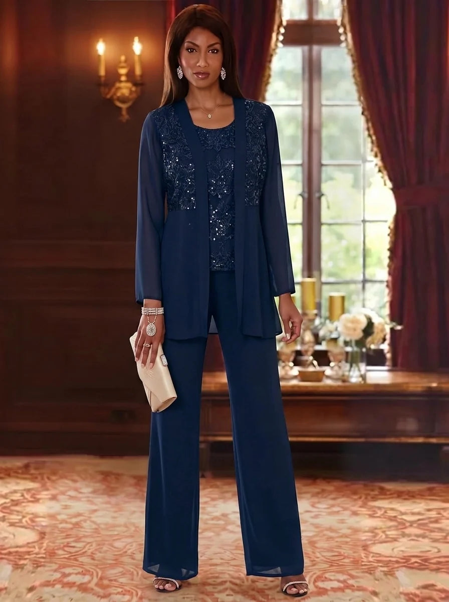 3 Pieces Scoop Chiffon Sequins Mother of the Bride Pantsuits with Jacket Long Sleeves Ankle-Length Floral