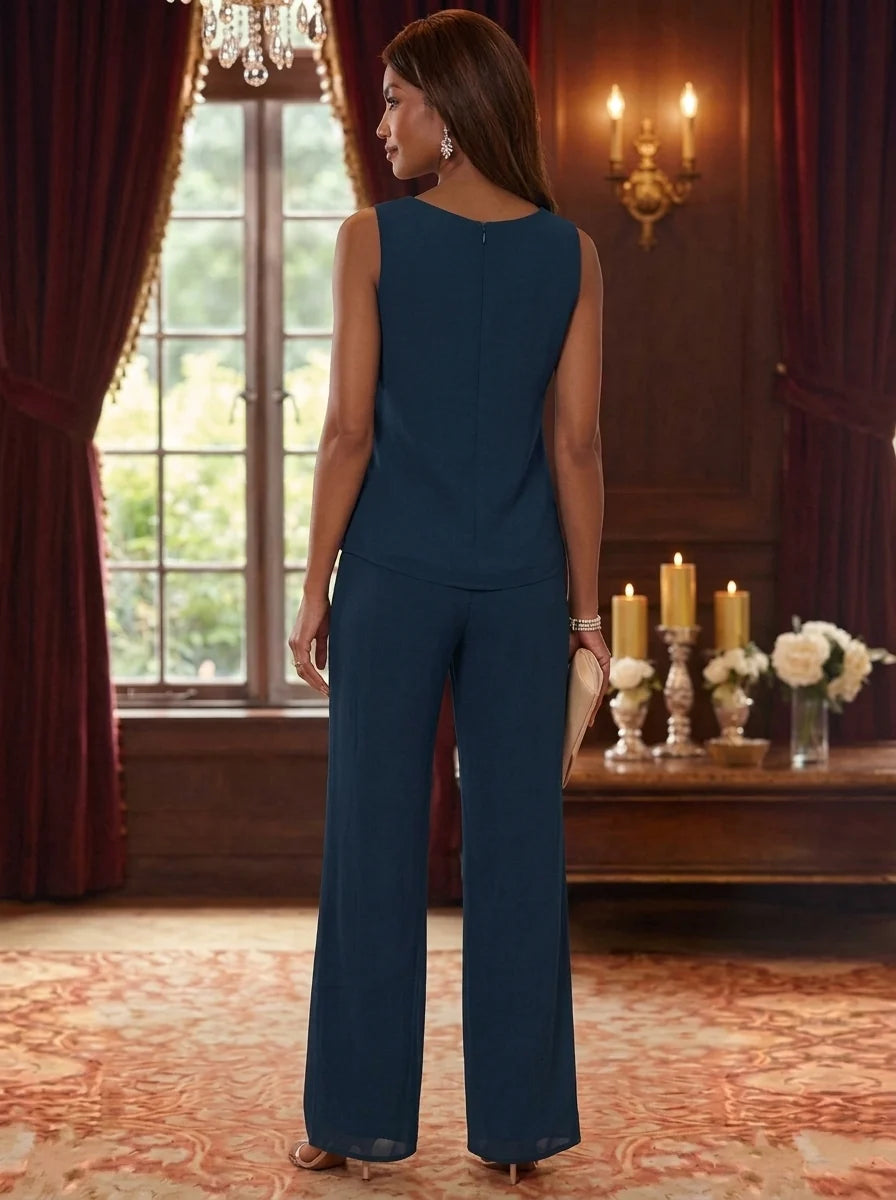 3 Pieces Scoop Chiffon Sequins Mother of the Bride Pantsuits with Jacket Long Sleeves Ankle-Length Floral