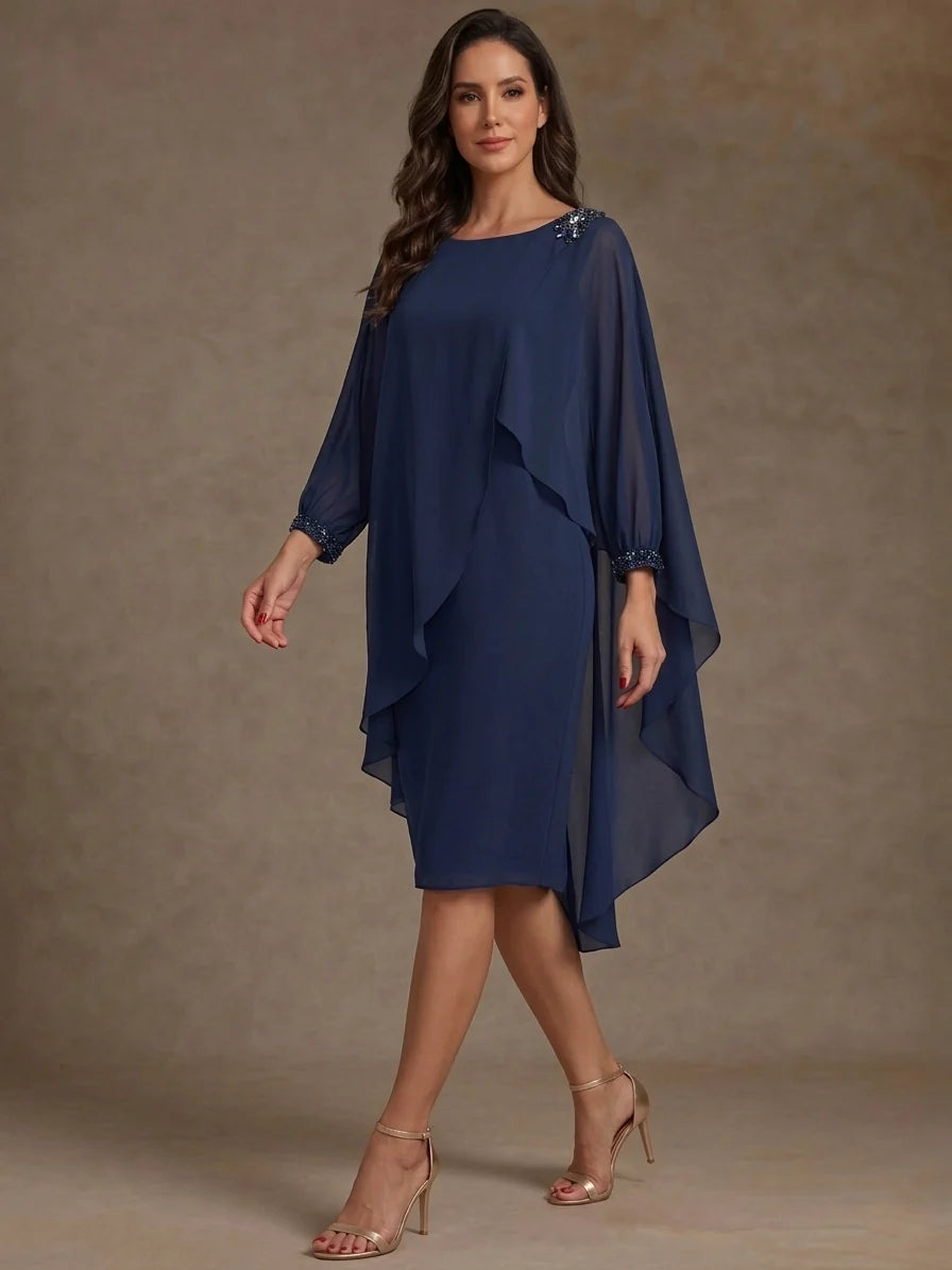 Sheath/Column Scoop Chiffon Mother of the Bride Dresses Long Cape Sleeves Knee-Length