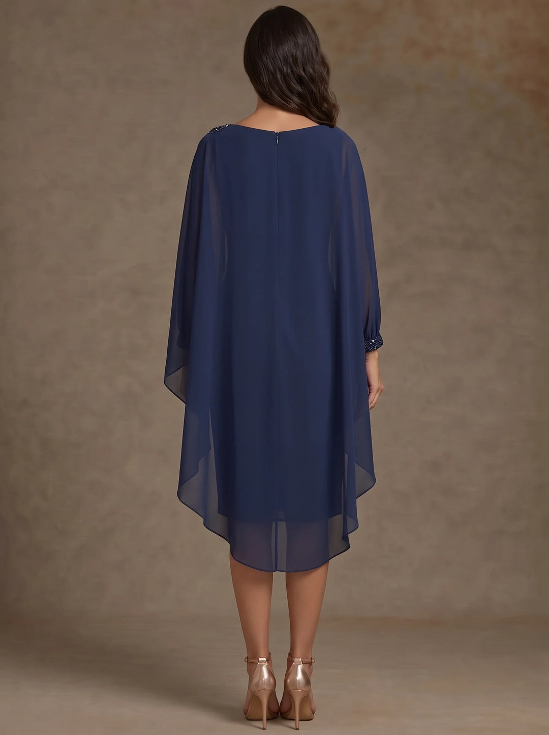Sheath/Column Scoop Chiffon Mother of the Bride Dresses Long Cape Sleeves Knee-Length