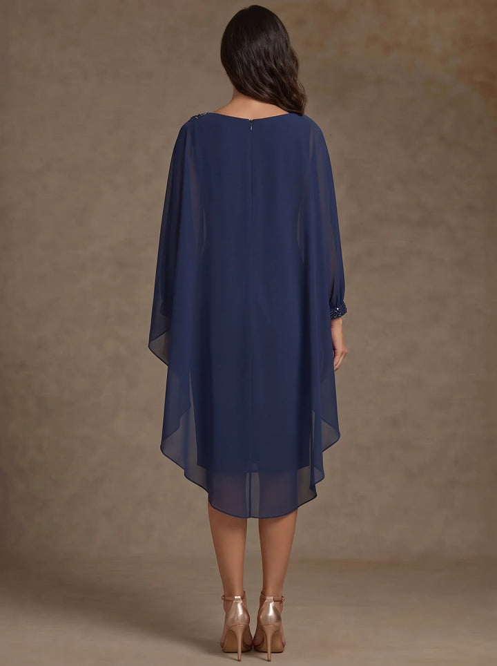 Sheath/Column Scoop Chiffon Mother of the Bride Dresses Long Cape Sleeves Knee-Length