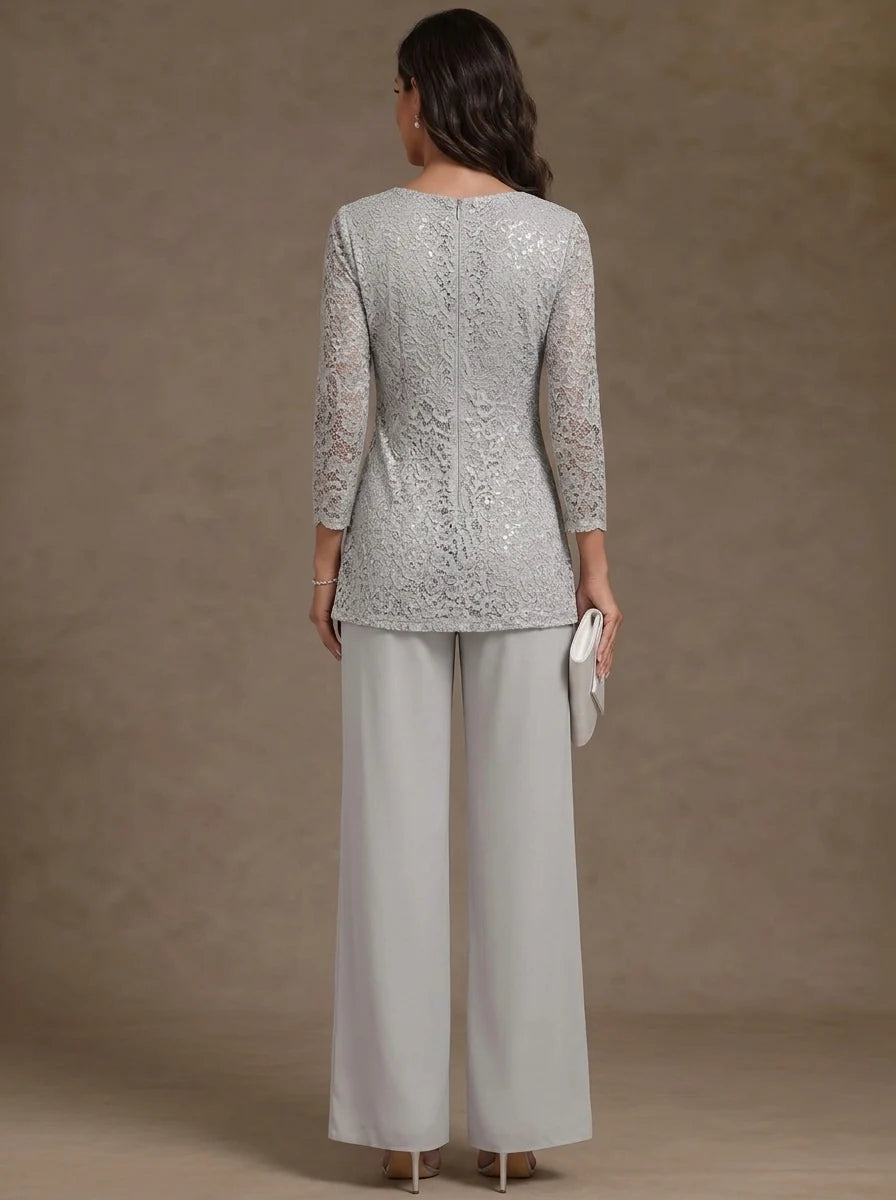 2 Pieces Scoop Chiffon Mother of the Bride Pantsuits Lace Floral 3/4 Sleeves Ankle-Length