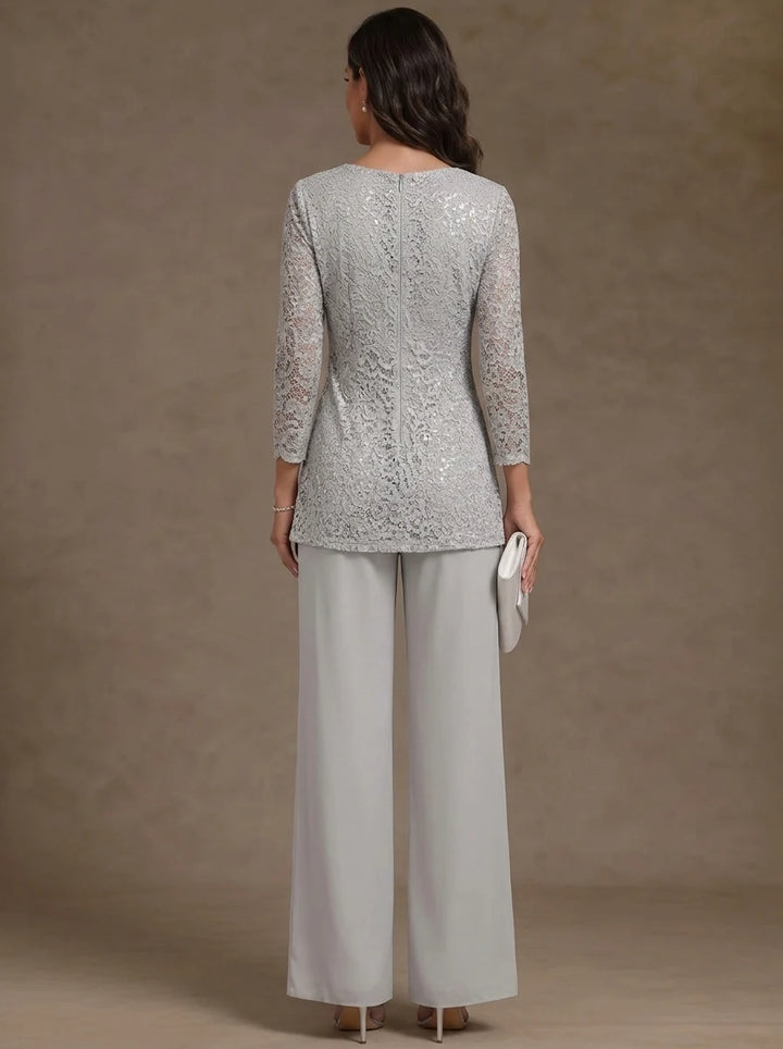 2 Pieces Scoop Chiffon Mother of the Bride Pantsuits Lace Floral 3/4 Sleeves Ankle-Length