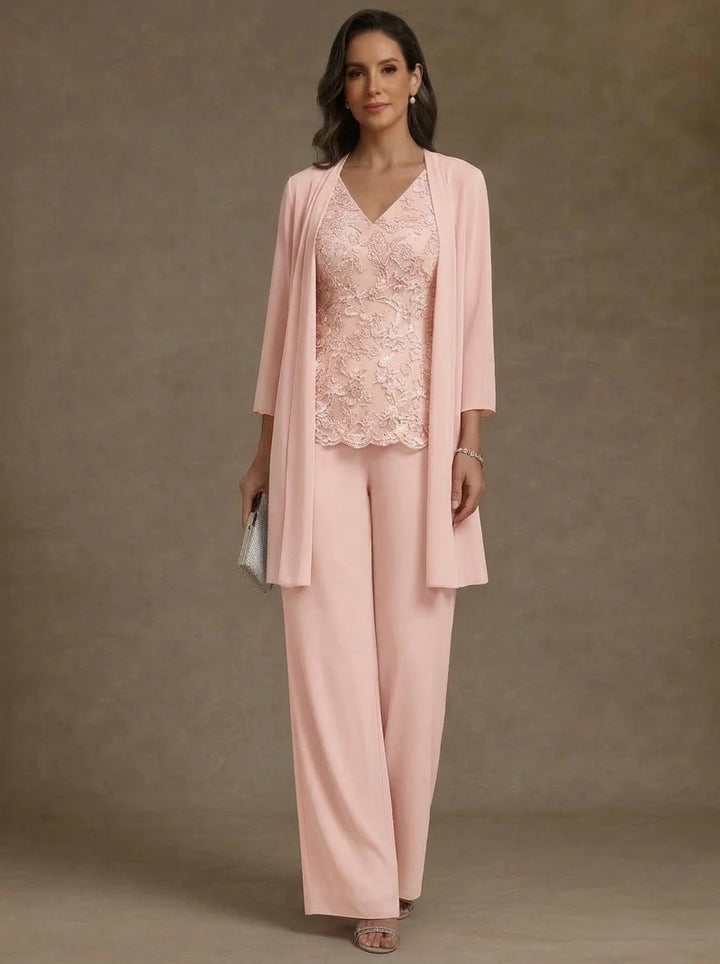 3 Pieces V-Neck Chiffon Mother of the Bride Pantsuits with Jacket 3/4 Sleeves Ankle-Length Lace Floral