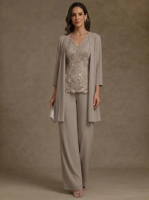 3 Pieces V-Neck Chiffon Mother of the Bride Pantsuits with Jacket 3/4 Sleeves Ankle-Length Lace Floral