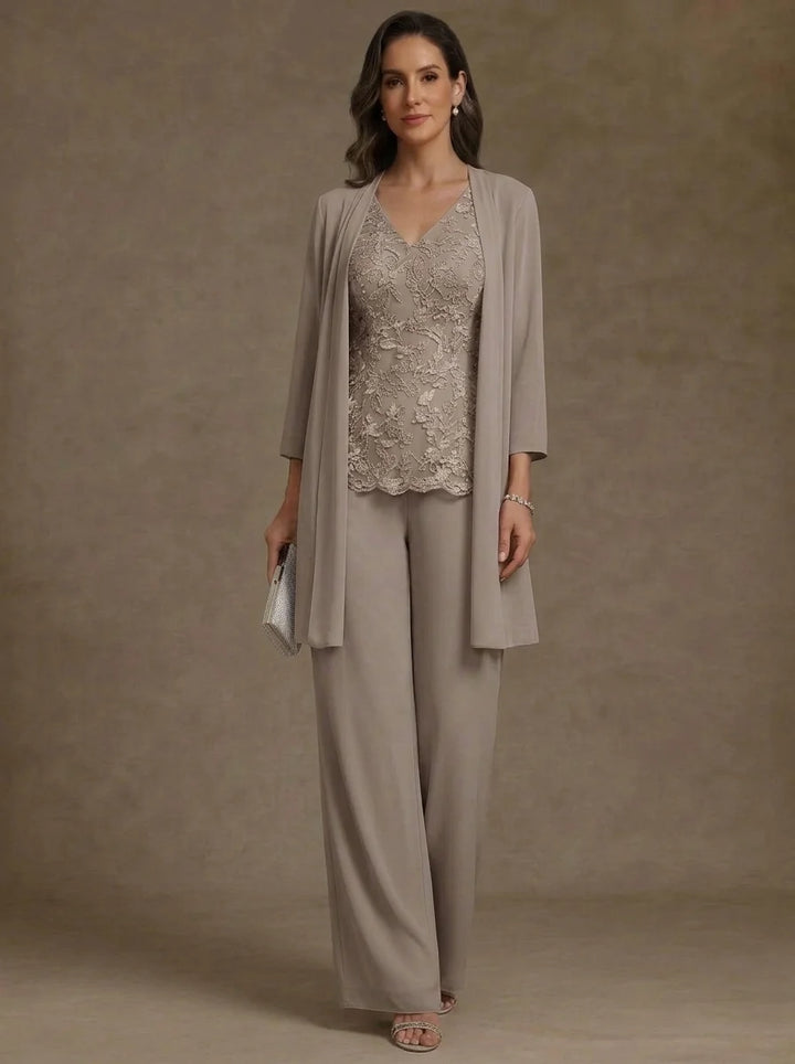 3 Pieces V-Neck Chiffon Mother of the Bride Pantsuits with Jacket 3/4 Sleeves Ankle-Length Lace Floral