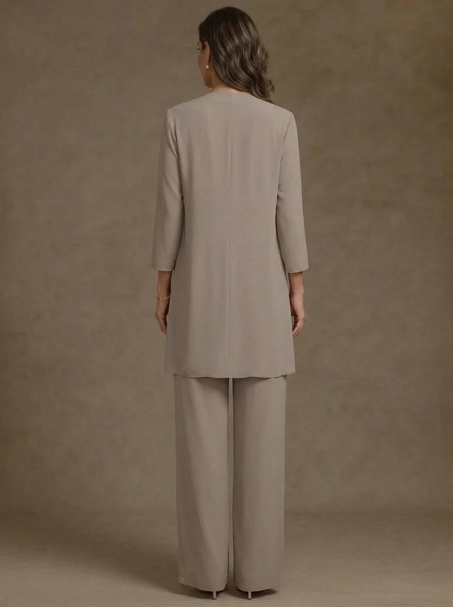 3 Pieces V-Neck Chiffon Mother of the Bride Pantsuits with Jacket 3/4 Sleeves Ankle-Length Lace Floral