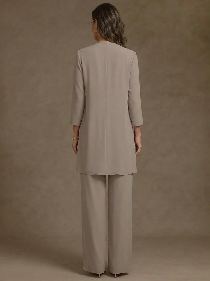 3 Pieces V-Neck Chiffon Mother of the Bride Pantsuits with Jacket 3/4 Sleeves Ankle-Length Lace Floral