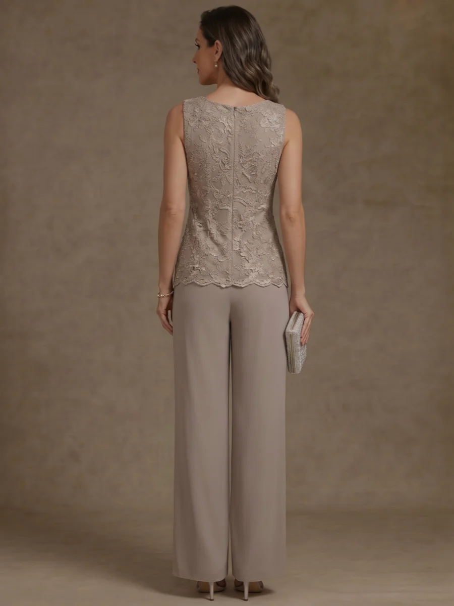 3 Pieces V-Neck Chiffon Mother of the Bride Pantsuits with Jacket 3/4 Sleeves Ankle-Length Lace Floral