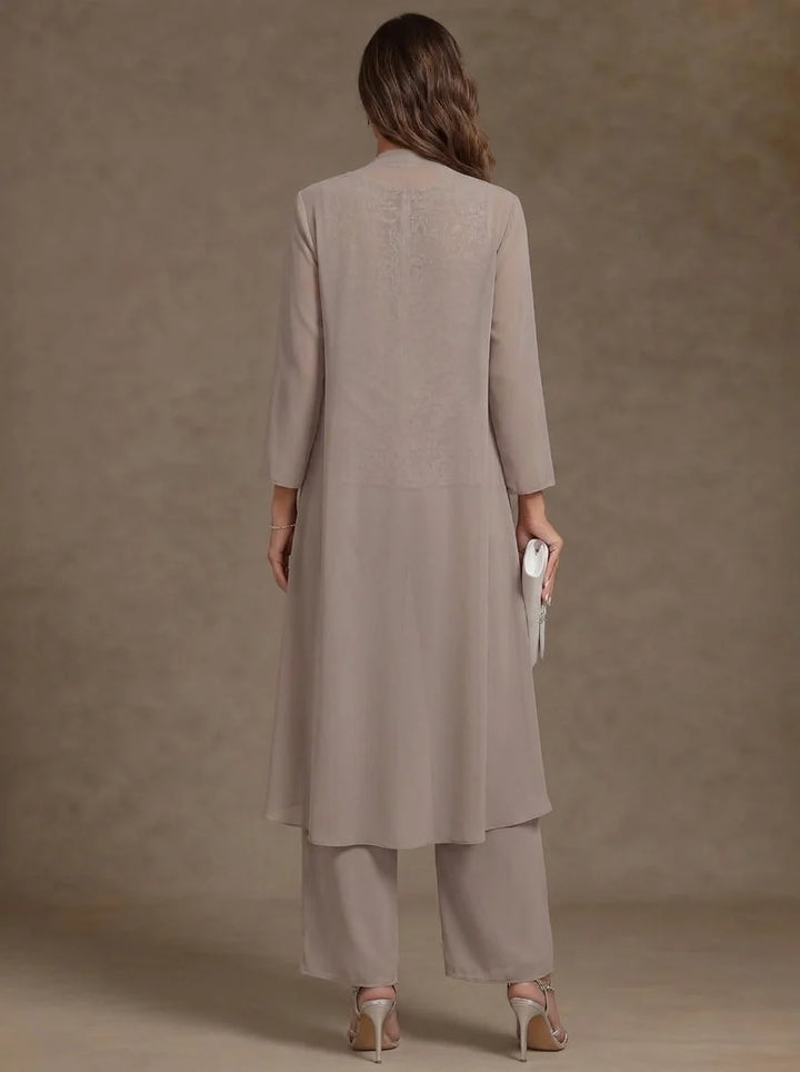 3 Pieces Scoop Chiffon Mother of the Bride Pantsuits with Jacket Long Sleeves Ankle-Length Lace Floral