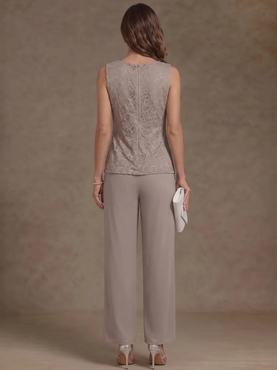 3 Pieces Scoop Chiffon Mother of the Bride Pantsuits with Jacket Long Sleeves Ankle-Length Lace Floral