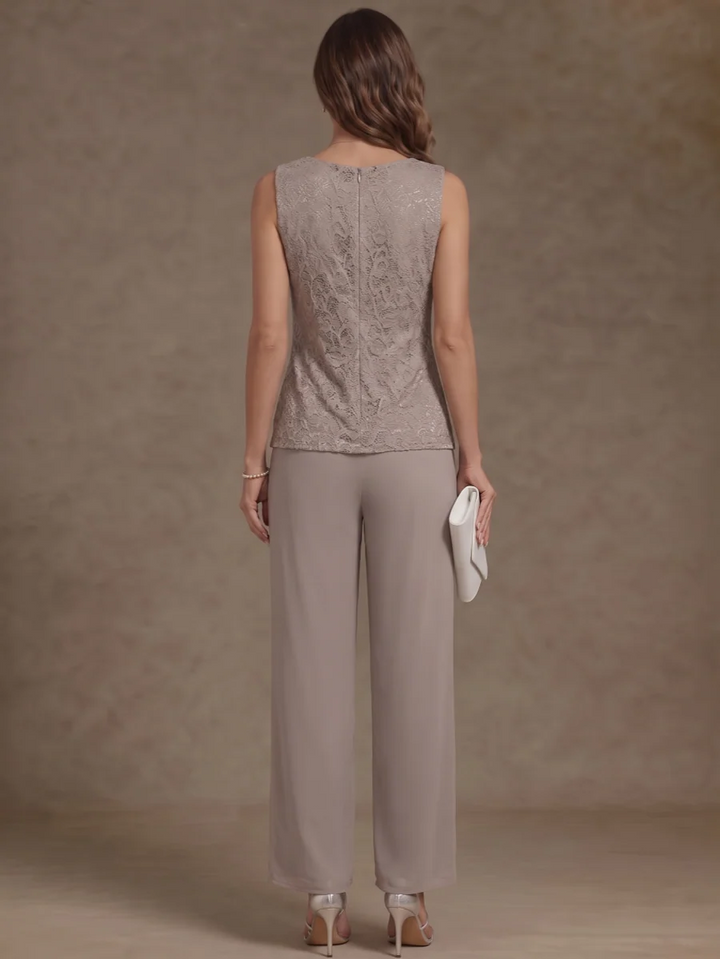 3 Pieces Scoop Chiffon Mother of the Bride Pantsuits with Jacket Long Sleeves Ankle-Length Lace Floral