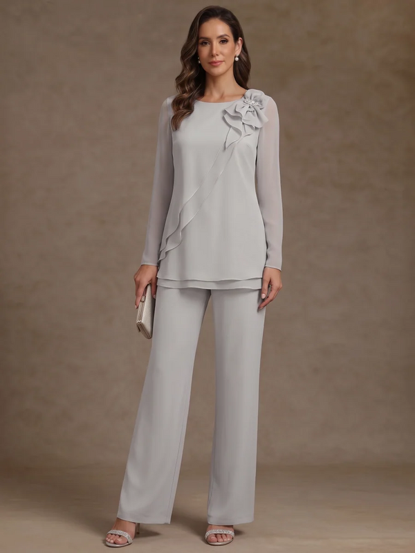 2 Pieces Scoop Chiffon Mother of the Bride Pantsuits Floral Long Sleeves Ankle-Length Ruffles