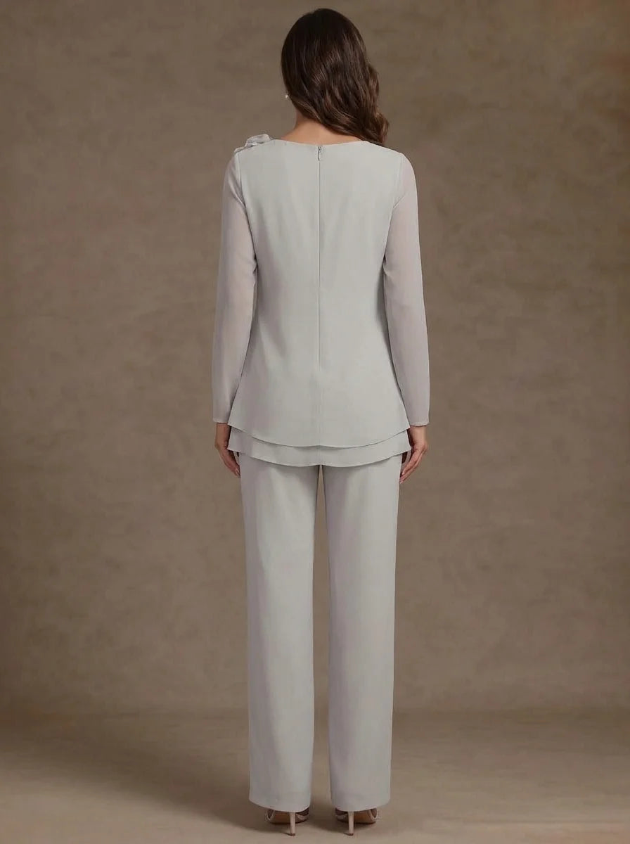 2 Pieces Scoop Chiffon Mother of the Bride Pantsuits Floral Long Sleeves Ankle-Length Ruffles