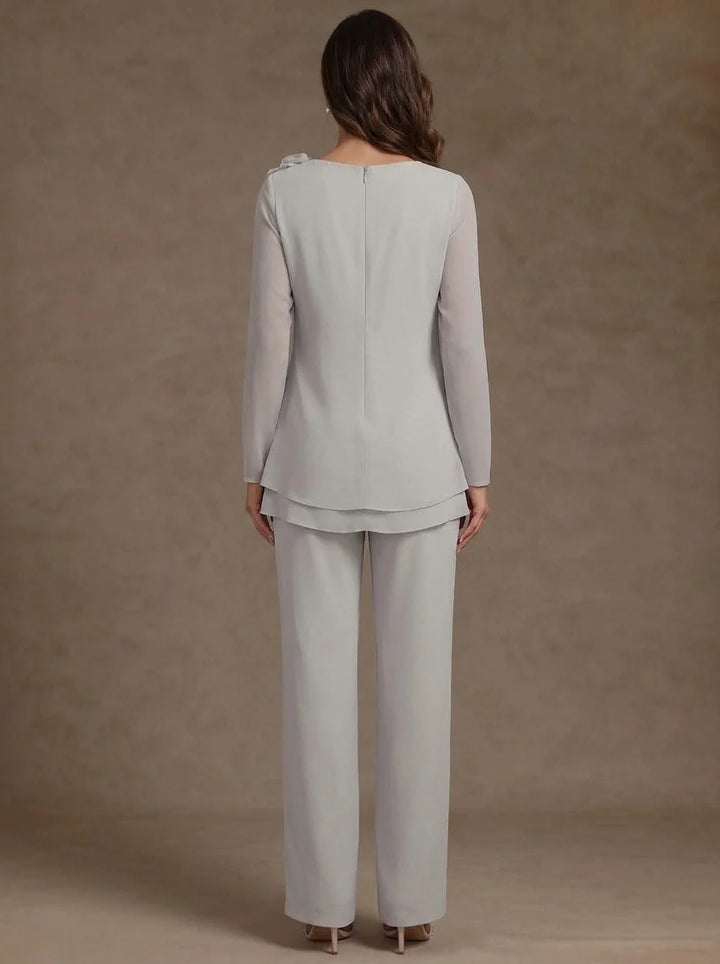 2 Pieces Scoop Chiffon Mother of the Bride Pantsuits Floral Long Sleeves Ankle-Length Ruffles