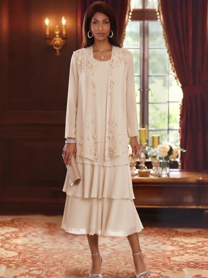 2 Pieces A-Line/Princess Scoop Chiffon Mother of the Bride Dresses with Jacket Long Sleeves Ruffles Tea-Length Floral