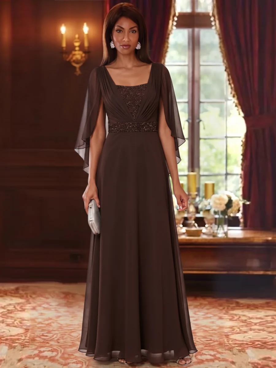 A-Line/Princess Square Collar Chiffon Mother of the Bride Dresses Cape Sleeves Floor-Length Sequins