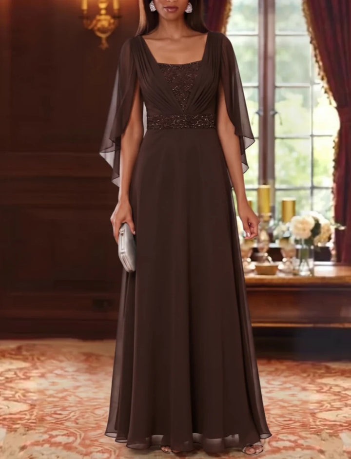 A-Line/Princess Square Collar Chiffon Mother of the Bride Dresses Cape Sleeves Floor-Length Sequins