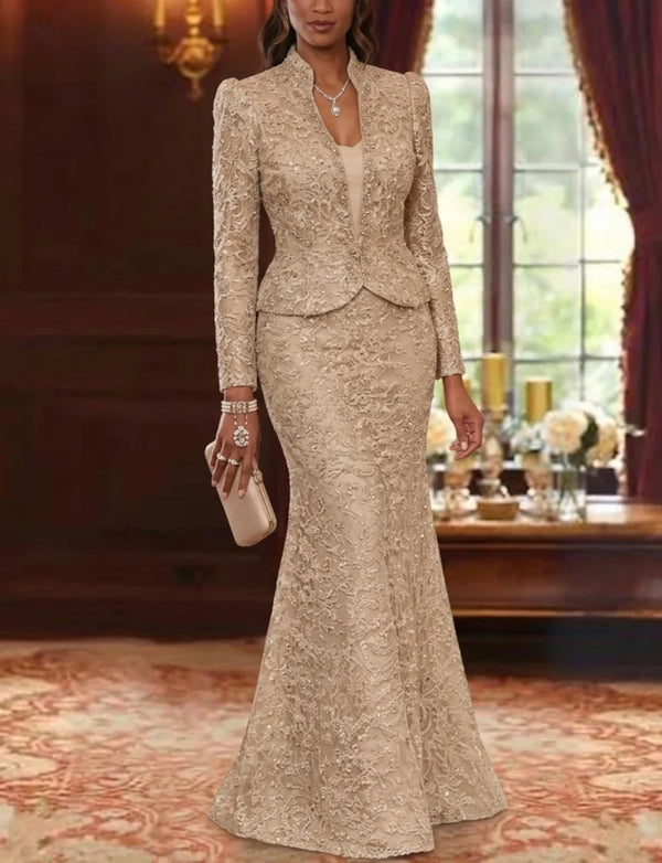 2 Pieces Trumpet/Mermaid V-Neck Lace Mother of the Bride Dresses with Jacket Long Sleeves Floor-Length Floral