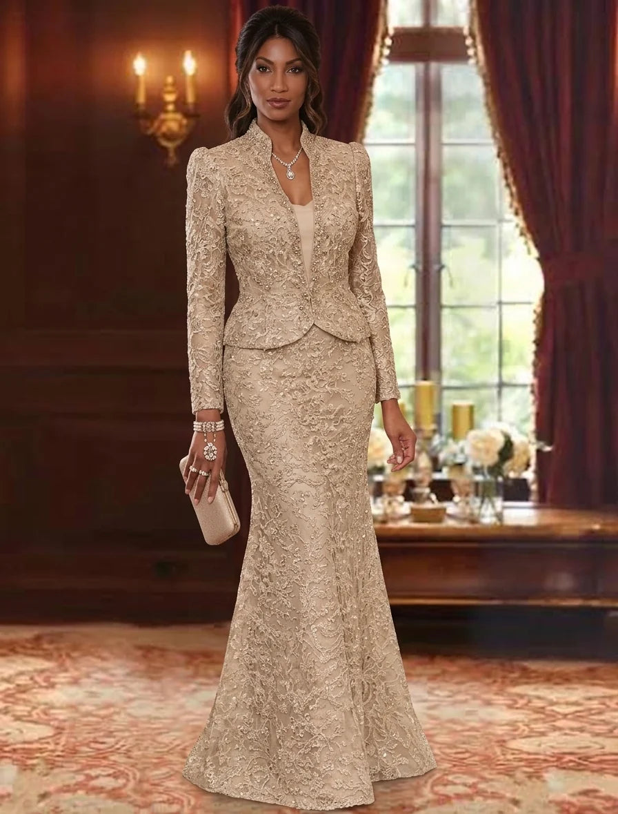 2 Pieces Trumpet/Mermaid V-Neck Lace Mother of the Bride Dresses with Jacket Long Sleeves Floor-Length Floral