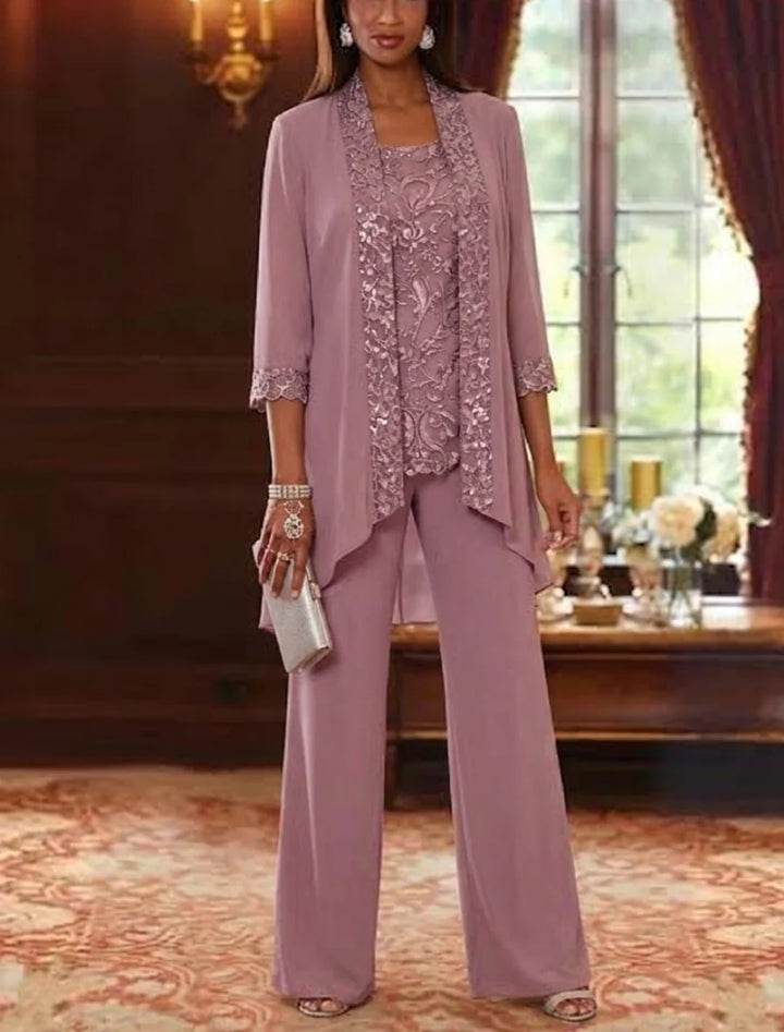 3 Pieces Scoop Chiffon Mother of the Bride Pantsuits with Jacket 3/4 Sleeves Ankle-Length Floral Sequins