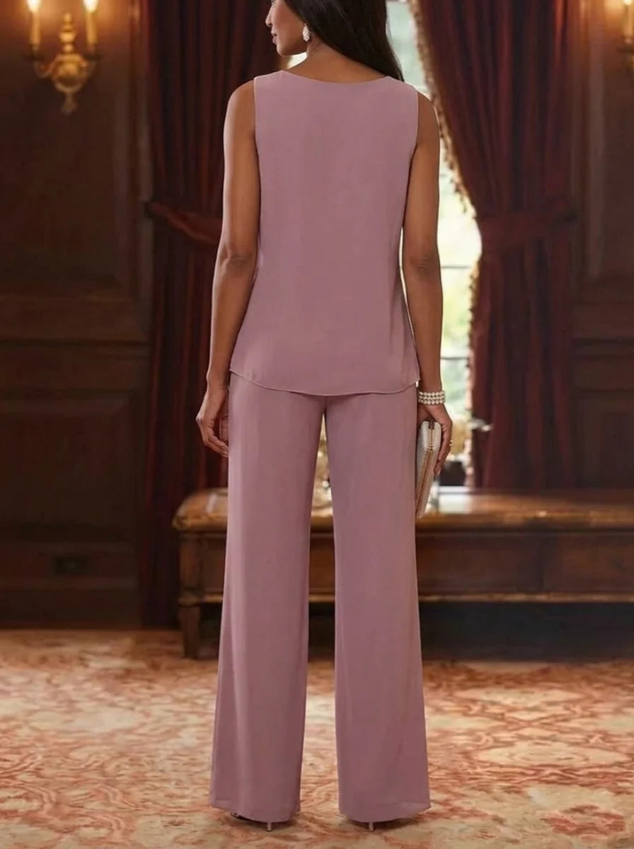 3 Pieces Scoop Chiffon Mother of the Bride Pantsuits with Jacket 3/4 Sleeves Ankle-Length Floral Sequins