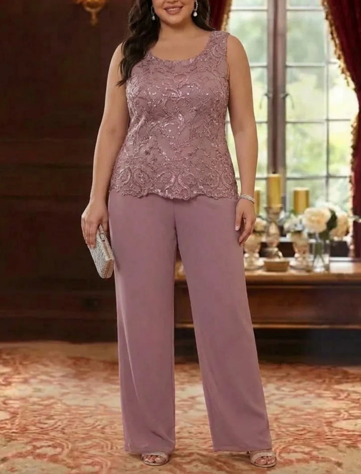 3 Pieces Scoop Chiffon Plus Size Mother of the Bride Pantsuits with Jacket 3/4 Sleeves Ankle-Length Floral Sequins