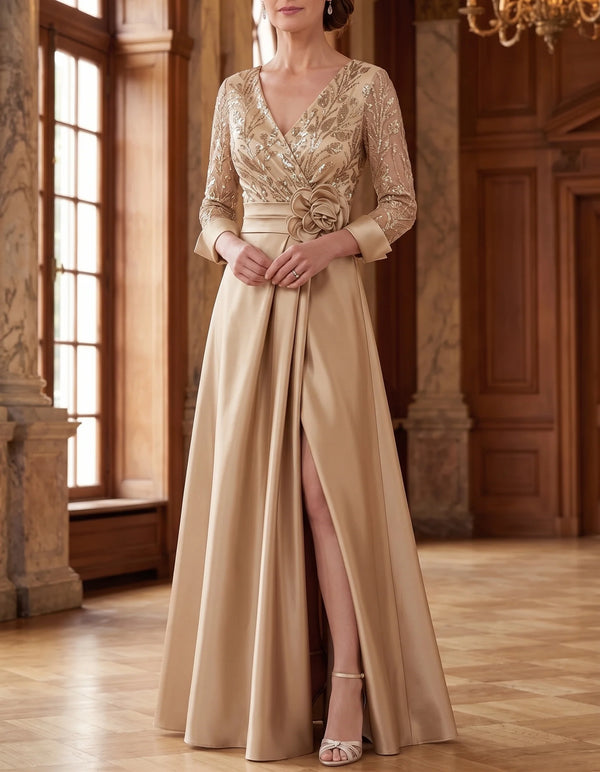 A-Line/Princess V-Neck Satin Mother of the Bride Dresses 3/4 Sleeves Floor-Length Sequins With 3D Flower