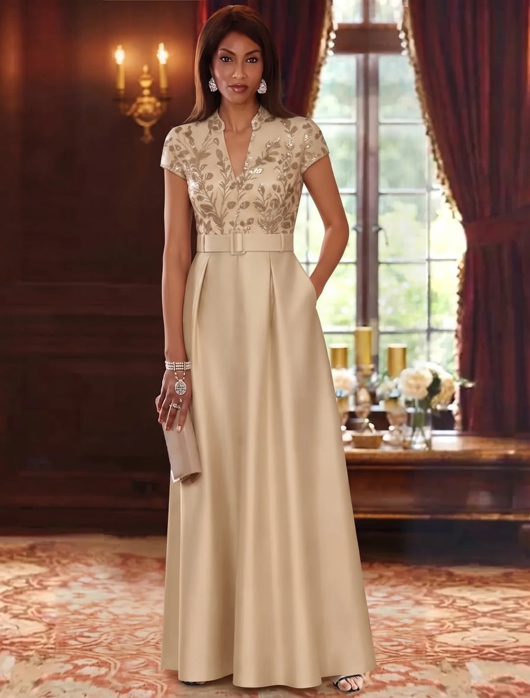 A-Line/Princess V-Neck Satin Mother of the Bride Dresses Short Sleeves Floor-Length Sequins With Belt