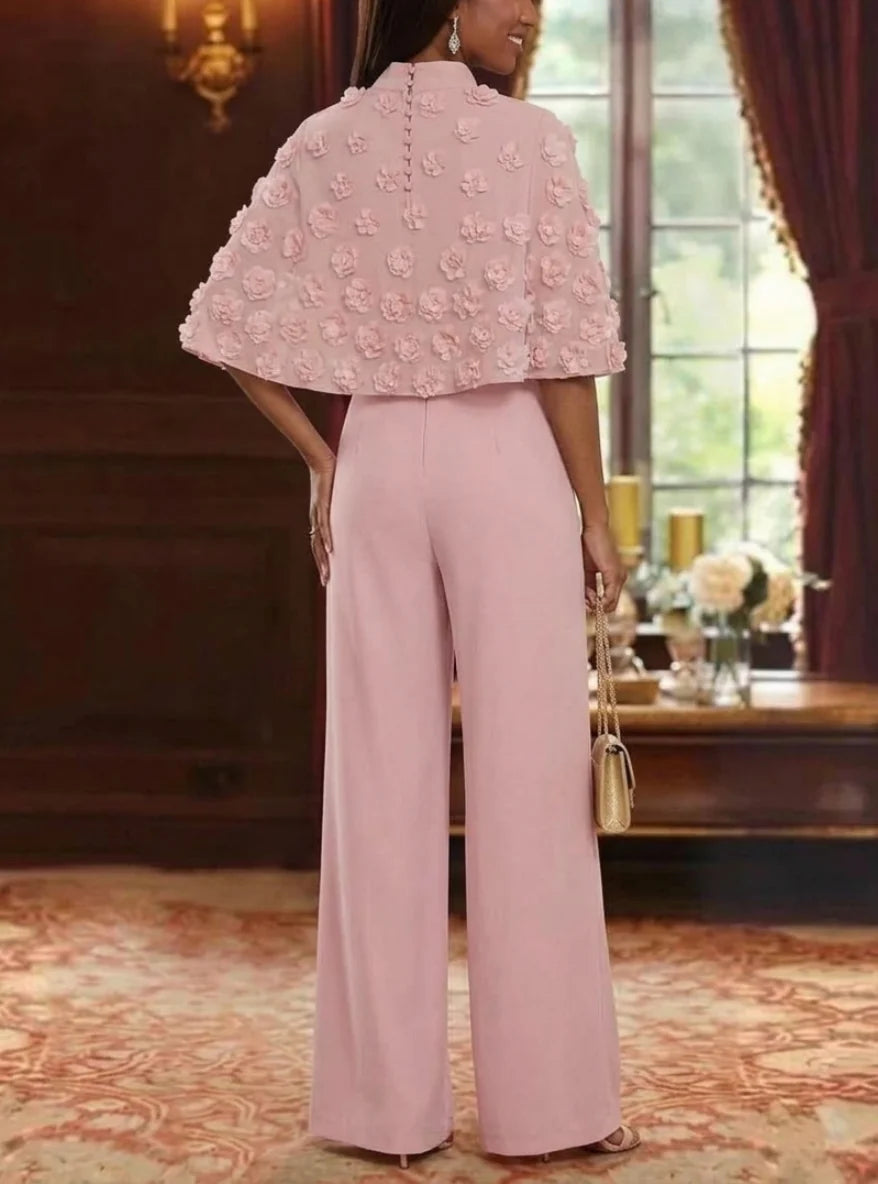2 Piece Jumpsuits Mock Neck Chiffon Mother of the Bride Dresses with Wrap Sleeveless Floor-Length With 3D Flowers