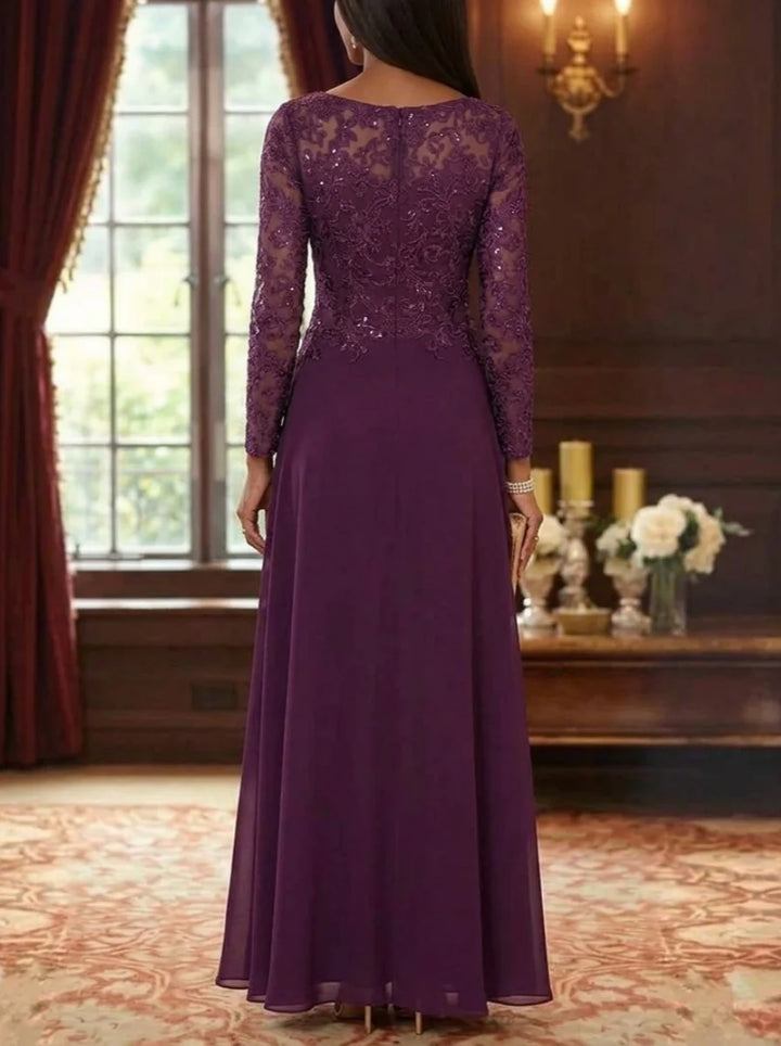A-Line/Princess Scoop Chiffon Mother of the Bride Dresses Long Sleeves Floor-Length Floral Lace Ruffles