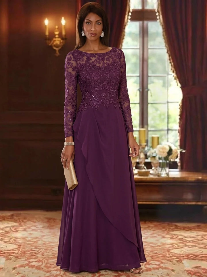 A-Line/Princess Scoop Chiffon Mother of the Bride Dresses Long Sleeves Floor-Length Floral Lace Ruffles