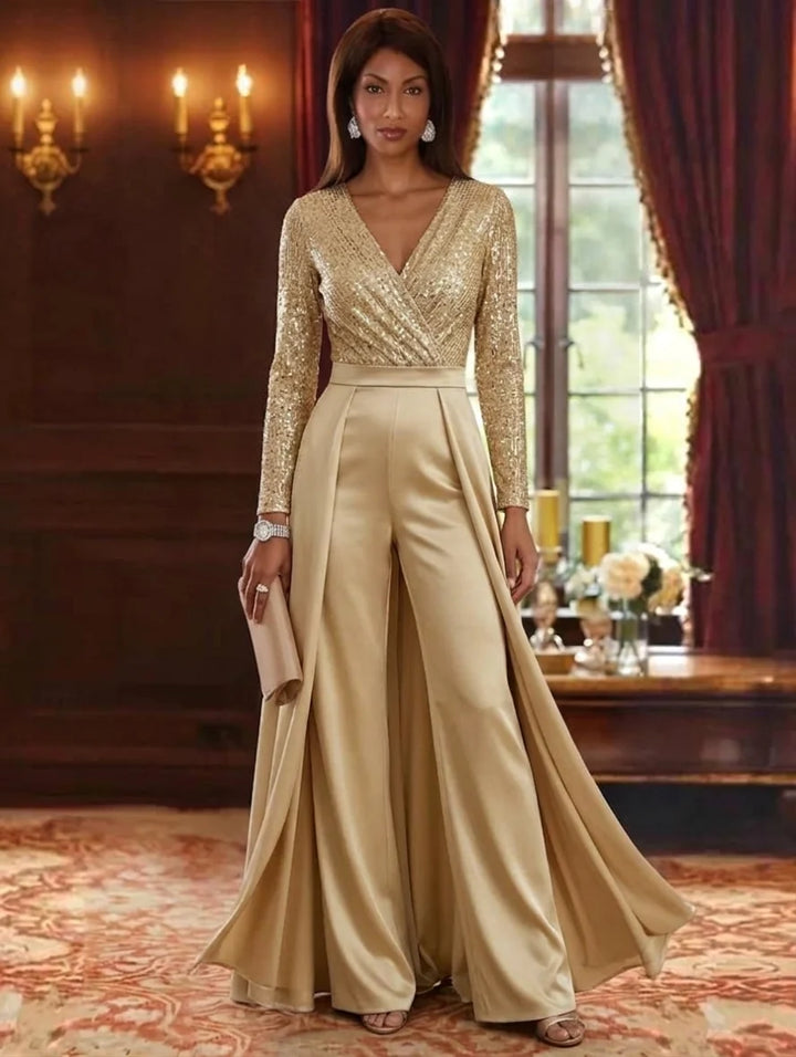 V-Neck Satin Mother of the Bride Jumpsuit with Overskirt Long Sleeves Floor-Length Sequins