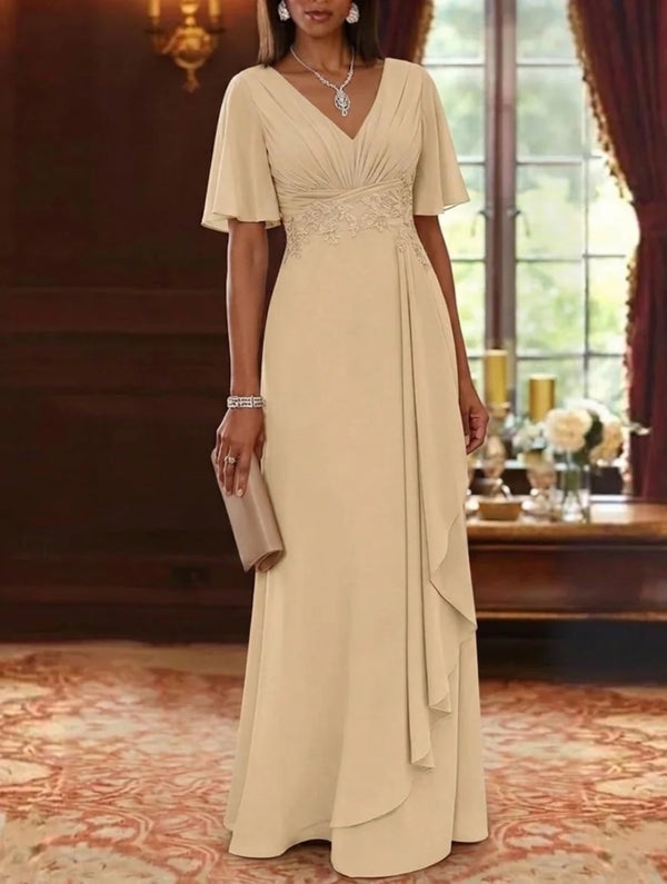 A-Line/Princess V-Neck Chiffon Mother of the Bride Dresses Short Sleeves Ruffles Floor-Length Lace Floral