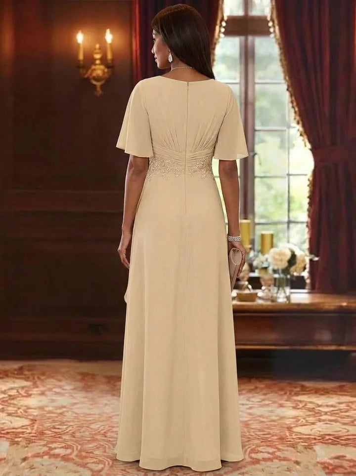 A-Line/Princess V-Neck Chiffon Mother of the Bride Dresses Short Sleeves Ruffles Floor-Length Lace Floral