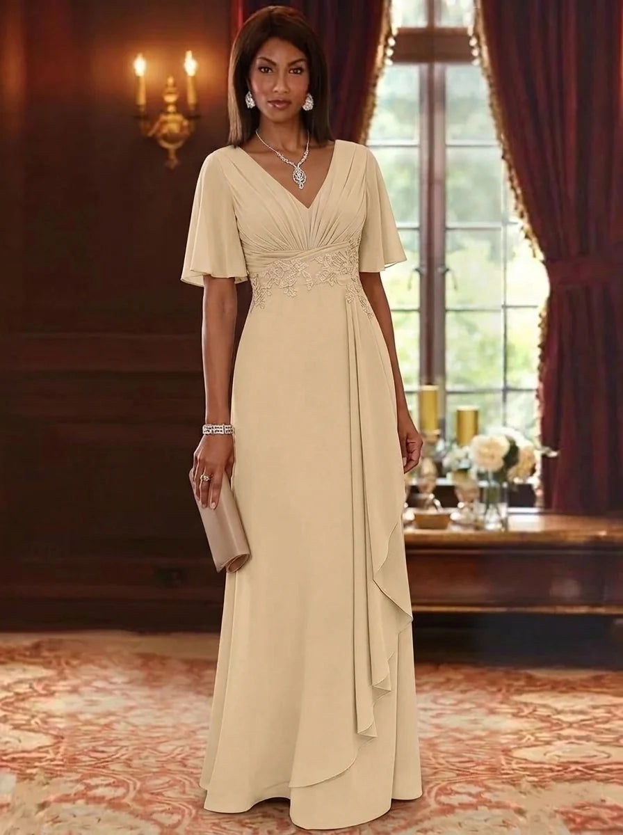 A-Line/Princess V-Neck Chiffon Mother of the Bride Dresses Short Sleeves Ruffles Floor-Length Lace Floral