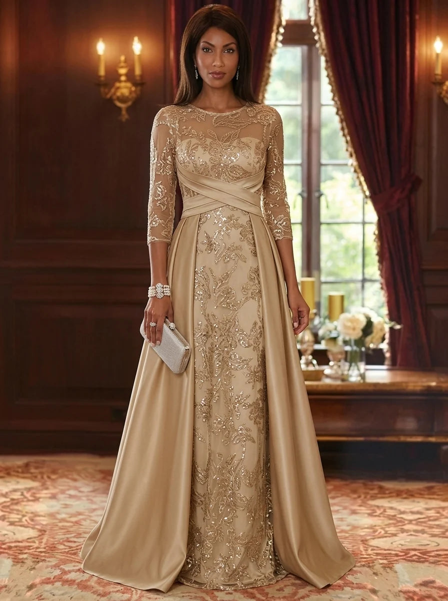 A-Line/Princess Scoop Satin Mother of the Bride Dresses with Overskirt 3/4 Sleeves Floor-Length Sequins