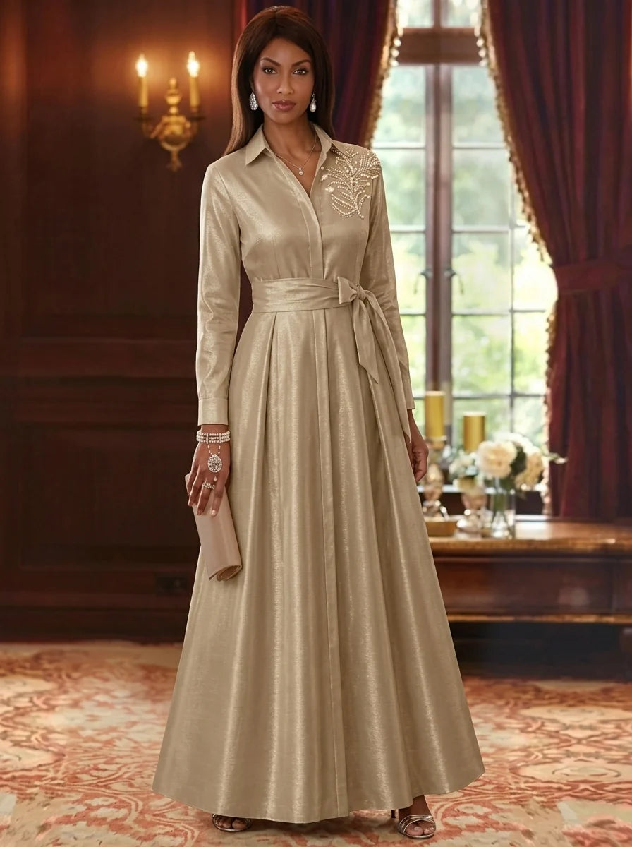 A-Line/Princess V-Neck Taffeta Mother of the Bride Dresses Sequins Long Sleeves Floor-Length