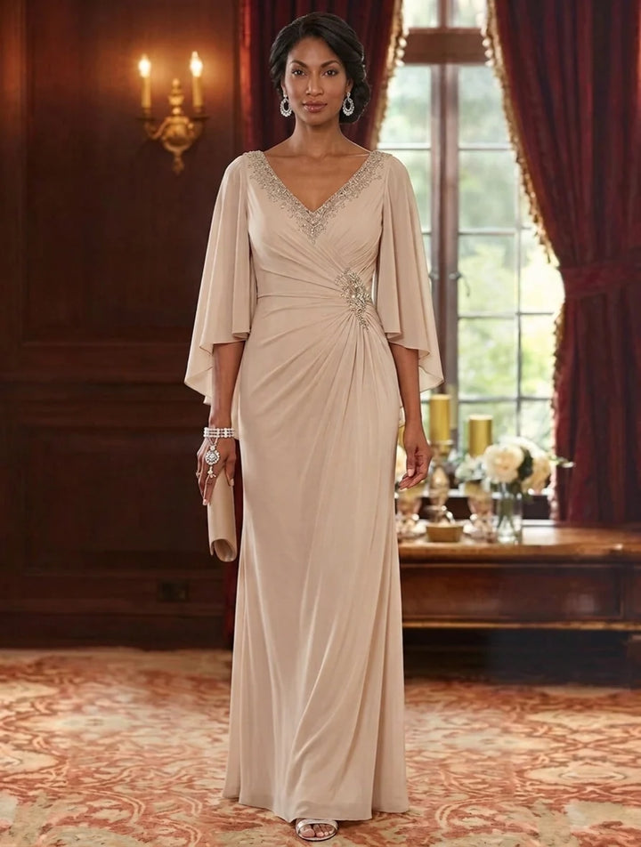 A-Line/Princess V-Neck Chiffon Mother of the Bride Dresses 3/4 Sleeves Ruched Beading Floor-Length