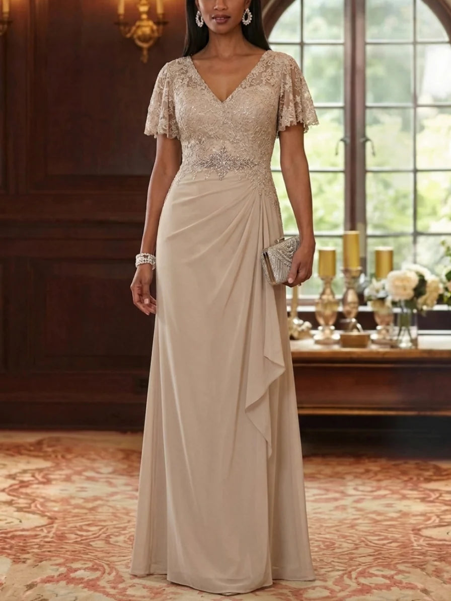A-Line/Princess V-Neck Chiffon Mother of the Bride Dresses Short Sleeves Lace Floral Ruffles Floor-Length