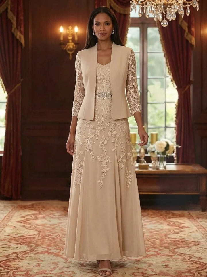 A-Line/Princess V-Neck Chiffon Mother of the Bride Dresses with Jacket 3/4 Sleeves Lace Floral Floor-Length