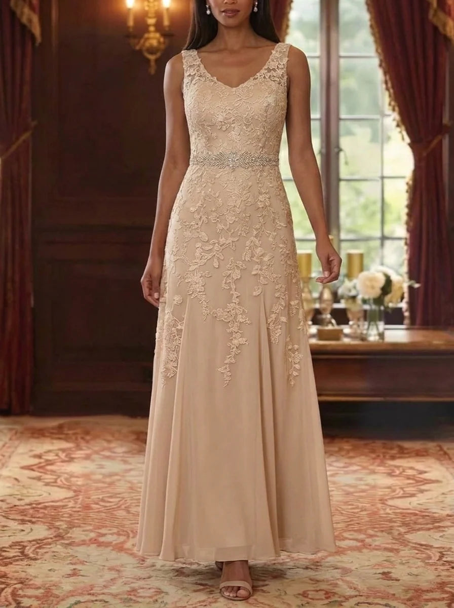 A-Line/Princess V-Neck Chiffon Mother of the Bride Dresses with Jacket 3/4 Sleeves Lace Floral Floor-Length