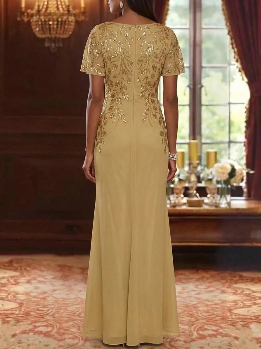 A-Line/Princess V-Neck Chiffon Mother of the Bride Dresses Sequin Embroidery Short Sleeves Floor-Length Ruffles