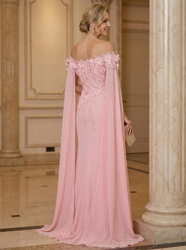 Trumpet/Mermaid Off-the-Shoulder Chiffon Mother of the Bride Dresses with 3D Flowers Cape Sleeves Floor-Length Lace Floral