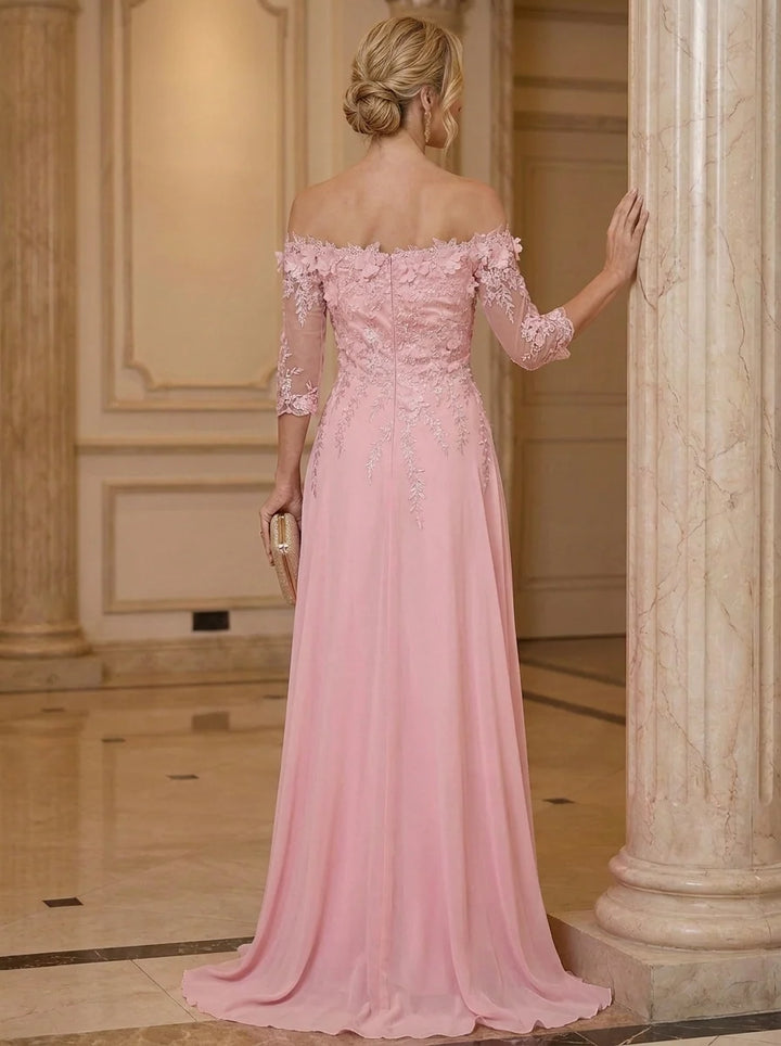 A-Line/Princess Off-the-Shoulder Chiffon Mother of the Bride Dresses with 3D Flowers 3/4 Sleeves Floor-Length Lace Floral