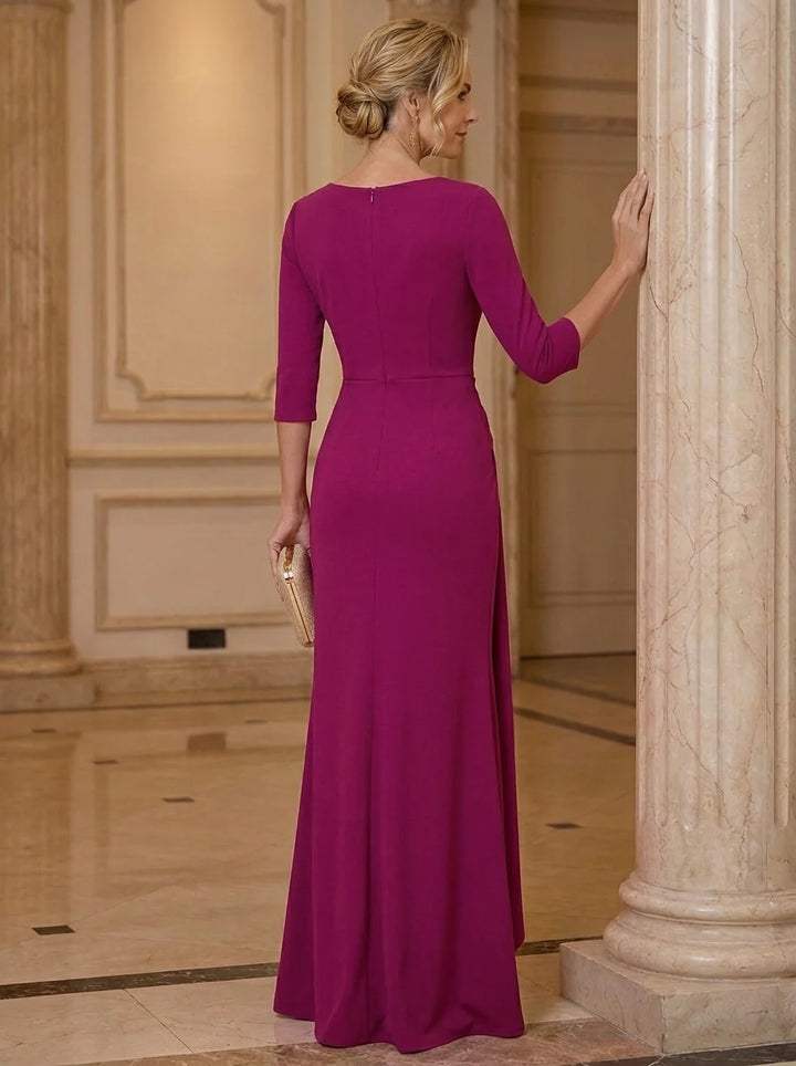 Sheath/Column Scoop Stretch Satin Mother of the Bride Dresses 3/4 Sleeves Floor-Length Ruched
