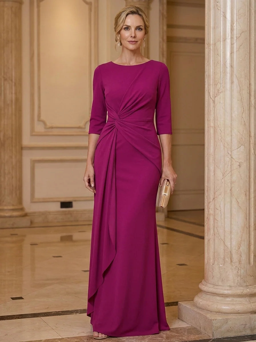 Sheath/Column Scoop Stretch Satin Mother of the Bride Dresses 3/4 Sleeves Floor-Length Ruched