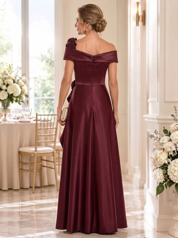 A-Line/Princess Off-the-Shoulder Satin Mother of the Bride Dresses with 3D Flowers Floor-Length Ruffles Sleeveless